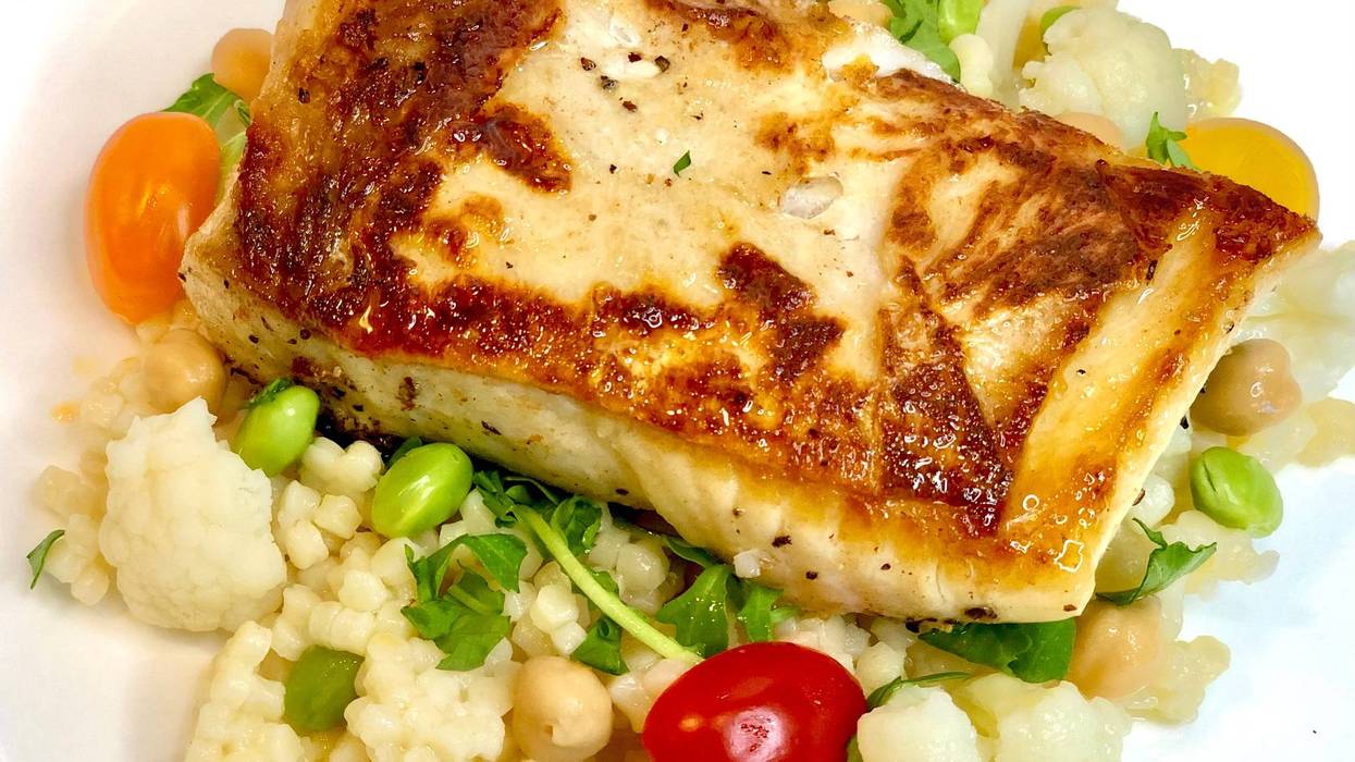 Halibut with Pearl Couscous, Veggies and a Lime Riesling Vinaigrette