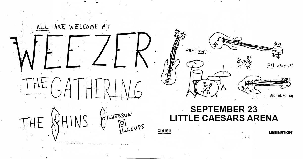 Hand-drawn Weezer concert poster for 'The Gathering' with instruments. Sep 23, Little Caesars Arena.