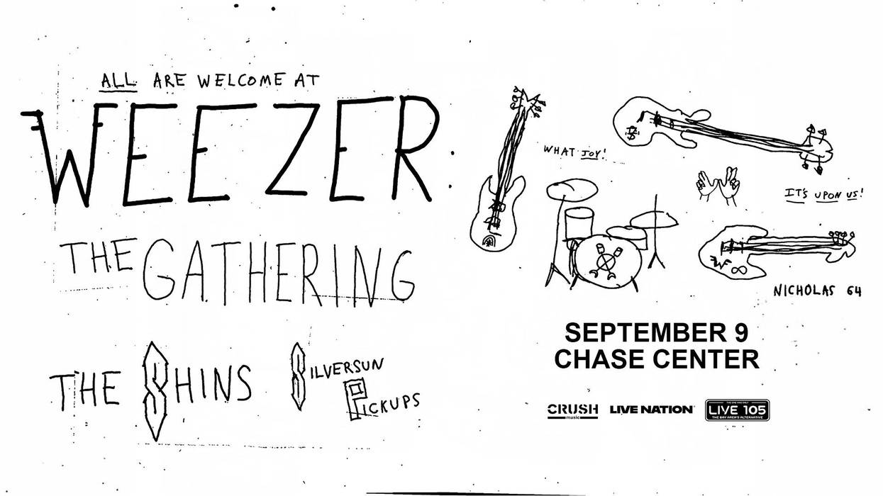 Hand-drawn Weezer: The Gathering poster featuring The Shins & Silversun Pickups. Sep 9, Chase Center.
