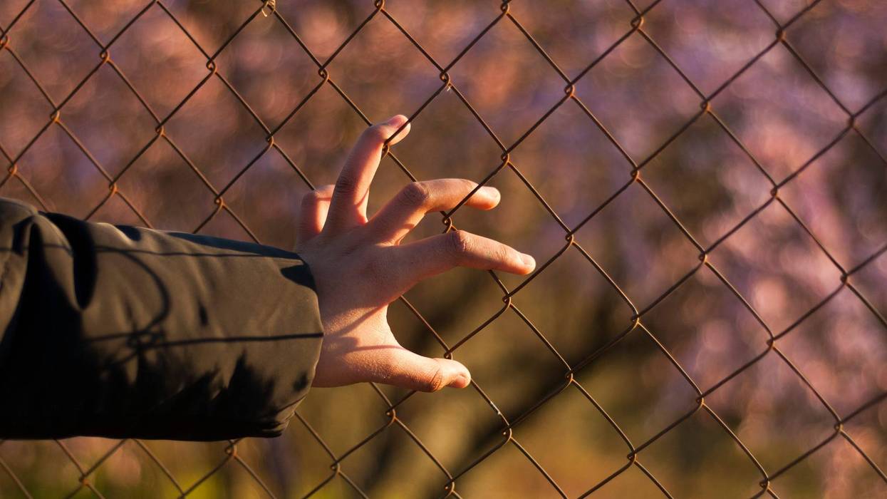 Hand on a wire fence