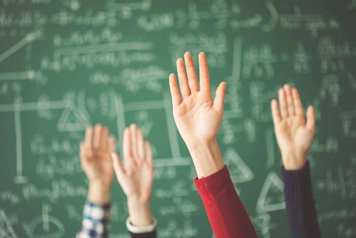 Hands Raised, Chalkboard, School, Math Class, Classroom