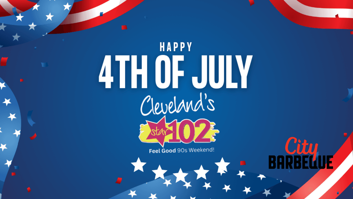 Happy 4th of July banner with red, white, blue theme, featuring Star 102 and City Barbeque.