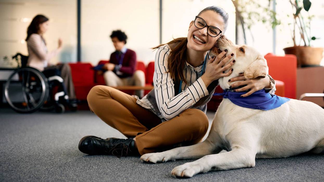 Happy businesswoman enjoying with therapy dog in the office.