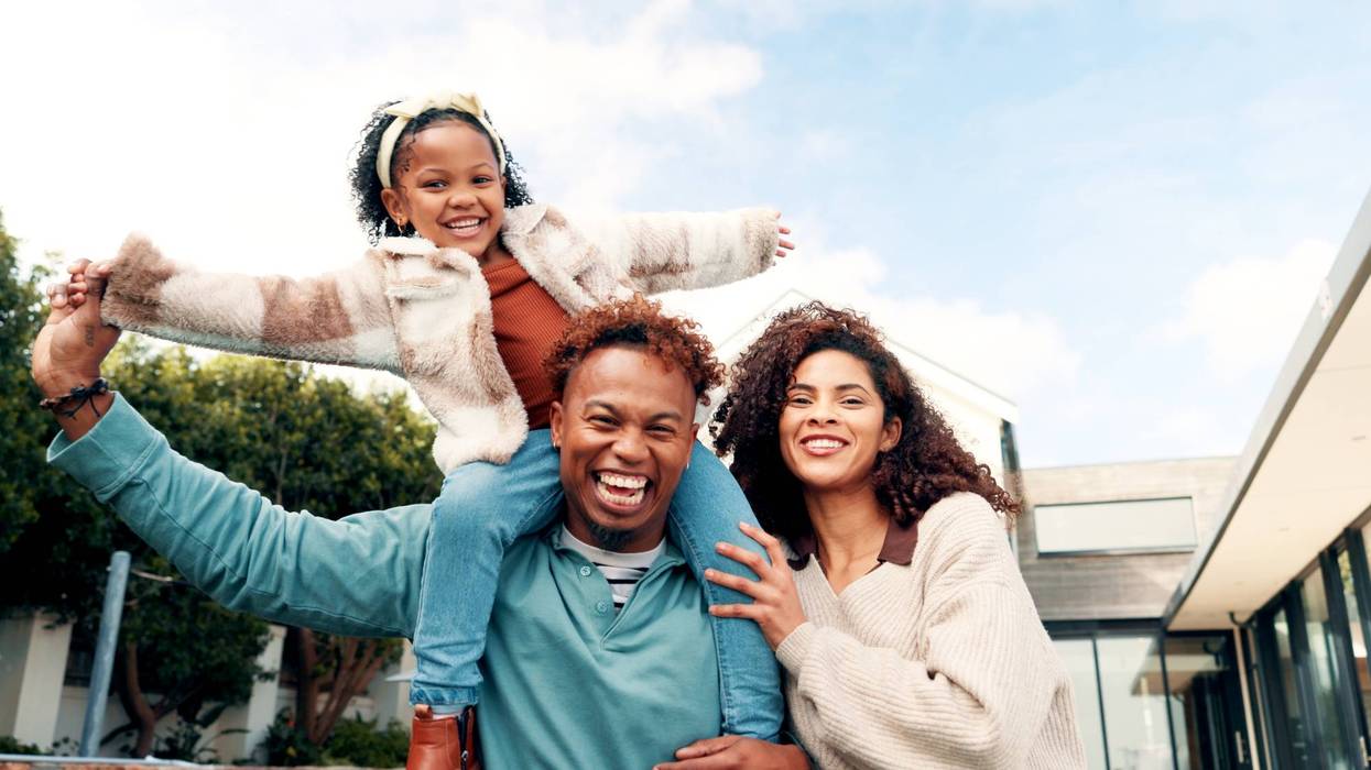 Happy family, portrait and shoulder with child for new home, property or shelter together. Dad, mom and daughter with smile, fresh start or building for outdoor real estate, care or bonding by house