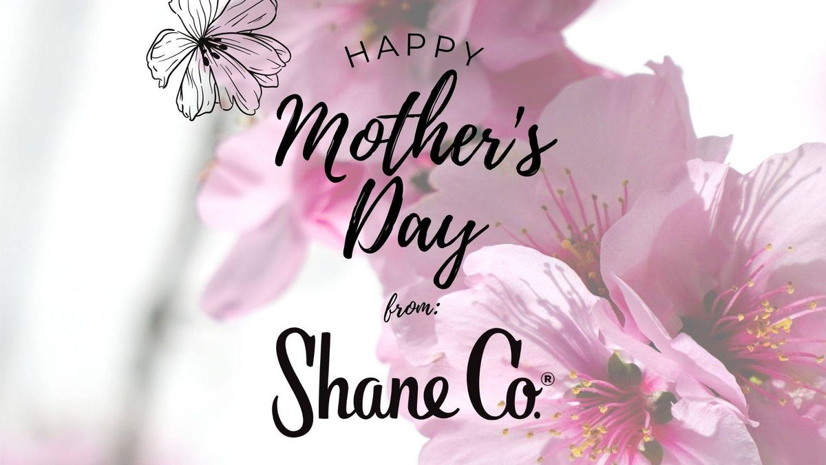 Happy Mother's Day from Shane Co. on a background of pink flowers with a line-art blossom.