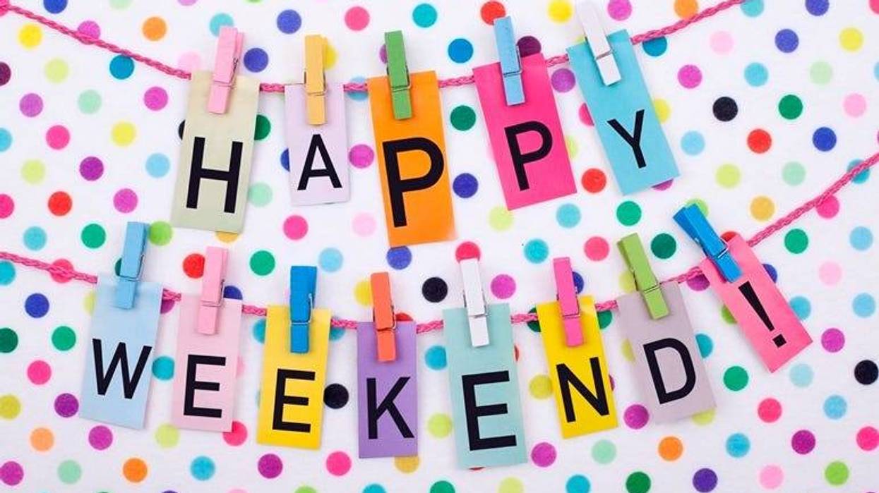 Happy Weekend with multicolored polka dot background
