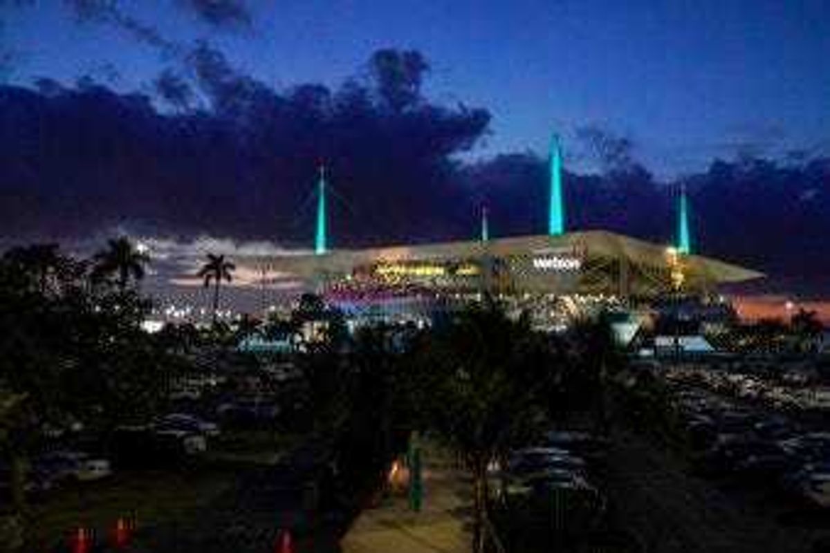 Hard Rock Stadium, site of the NFL Super Bowl 54 football game between the Kansas City Chiefs and the San Francisco 49ers is seen Thursday, Jan. 30, 2020, in Miami Gardens, Fla. (AP Photo/Morry Gash)