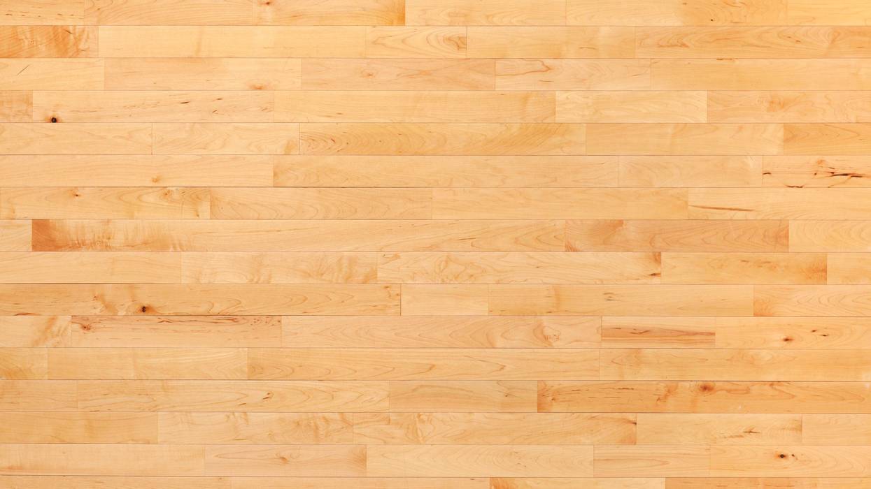 Hardwood maple basketball court floor viewed from above