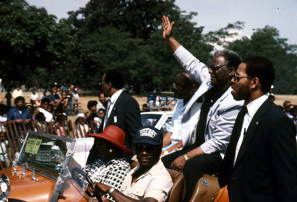 Harold Washington riding in Bud Billiken Parade, mid-1980s