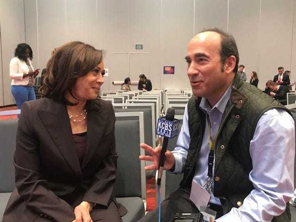 Harris and KCBS Radio Political Reporter Doug Sovern in San Francisco in 2019.