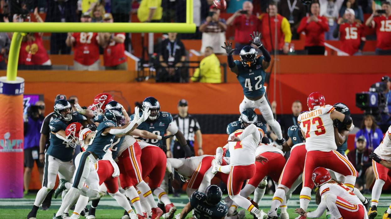 Harrison Butker of the Kansas City Chiefs kicks the go ahead field goal during the fourth quarter against the Philadelphia Eagles in Super Bowl LVII at State Farm Stadium on February 12, 2023 in Glendale, Arizona.
