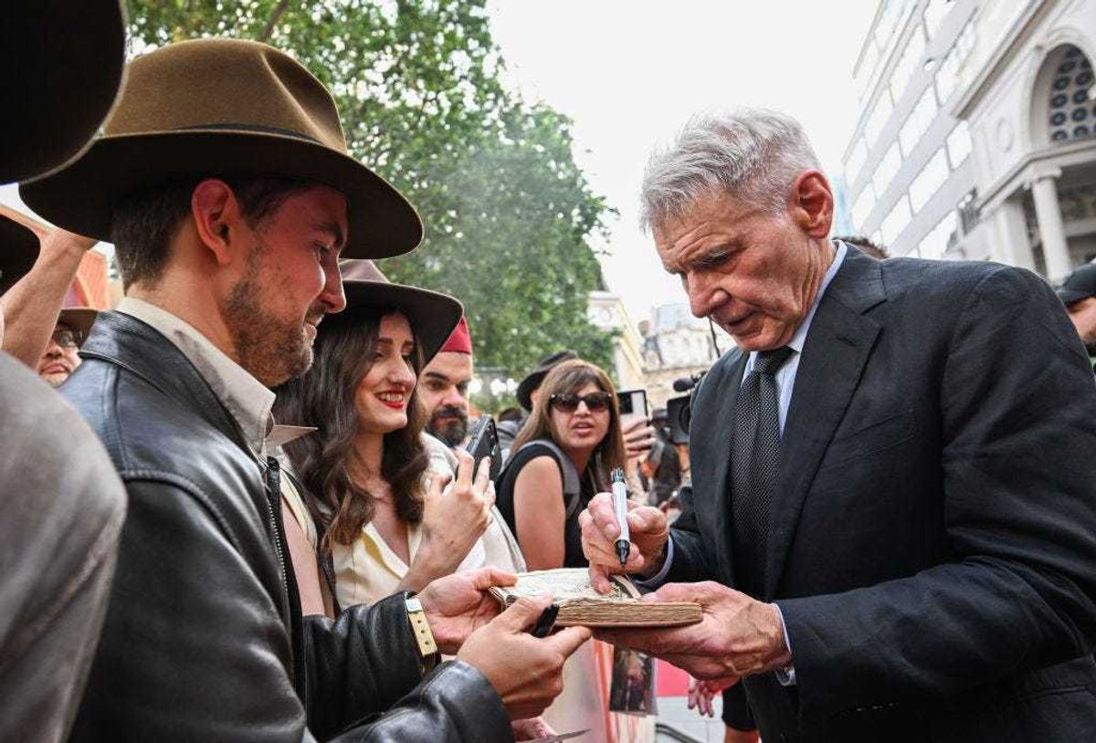 Harrison Ford attends the UK Premiere of Lucasfilm' "Indiana Jones and the Dial of Destiny" at Cineworld Leicester Square on June 26, 2023 in London, England.