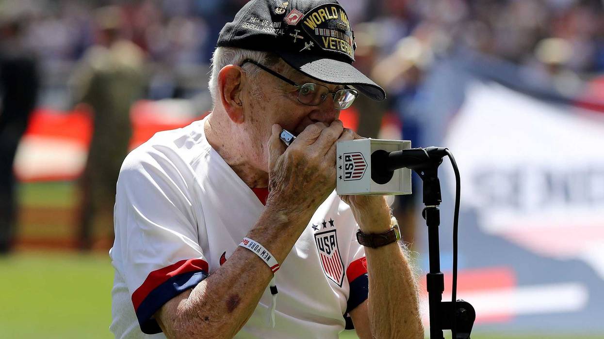 HARRISON, NEW JERSEY - MAY 26: WWII veteran "Harmonica Pete" DuPre performs the national anthem before the match between the the United States and Mexico at Red Bull Arena on May 26, 2019 in Harrison, New Jersey.