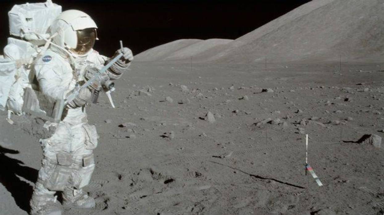 Harrison Schmitt collects lunar rake samples during the first Apollo 17 extravehicular activity.