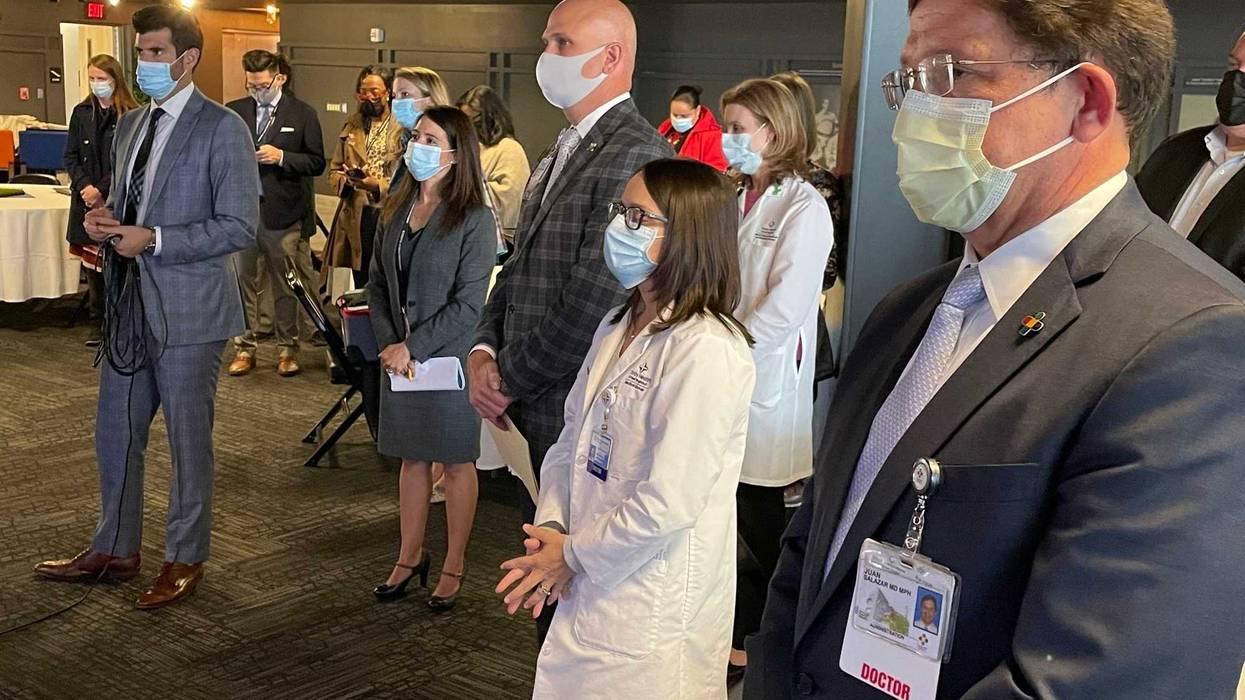 Hartford Public Schools Superintendent Dr. Leslie Torres-Rodriguez (second from left) with members of the Hartford medical community, including Dr. Juan Salazar, Physician-in-Chief at Connecticut Children's (far right), at an event to announce a Nov. 14 kids' vaccine clinic at Dunkin' Donuts Park, 11/3/21