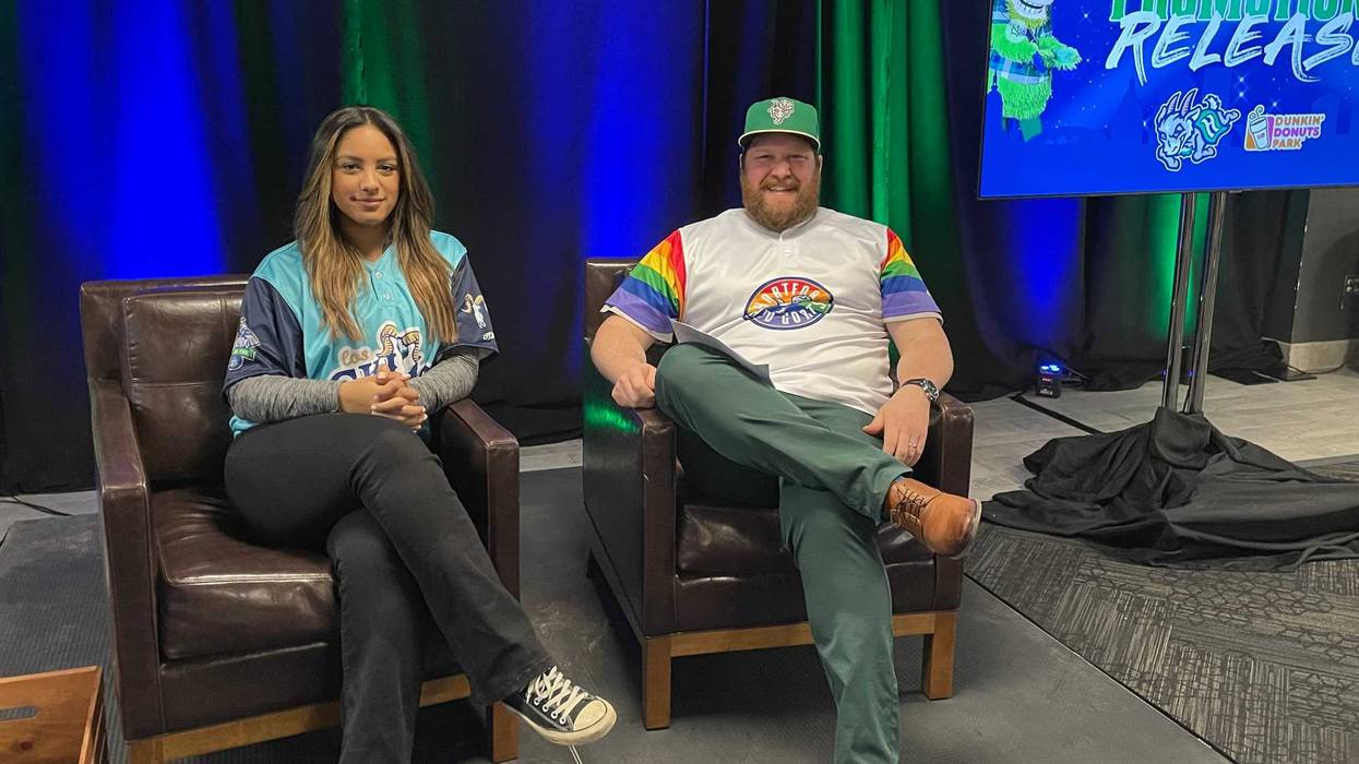 Hartford Yard Goats in-game hosts Mellaney Castro and Conor Geary, who hosted the team's promotional dates release party.