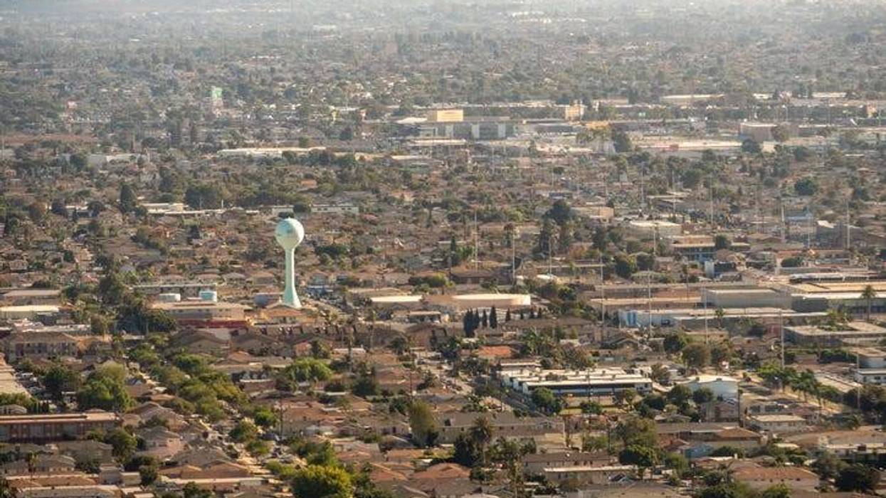 Hawthorne, Los Angeles, Southern California - Aerial view of the Hawthorne Water Tower, Eucalyptus Park, and the Hawthorne and Inglewood communities in Los Angeles