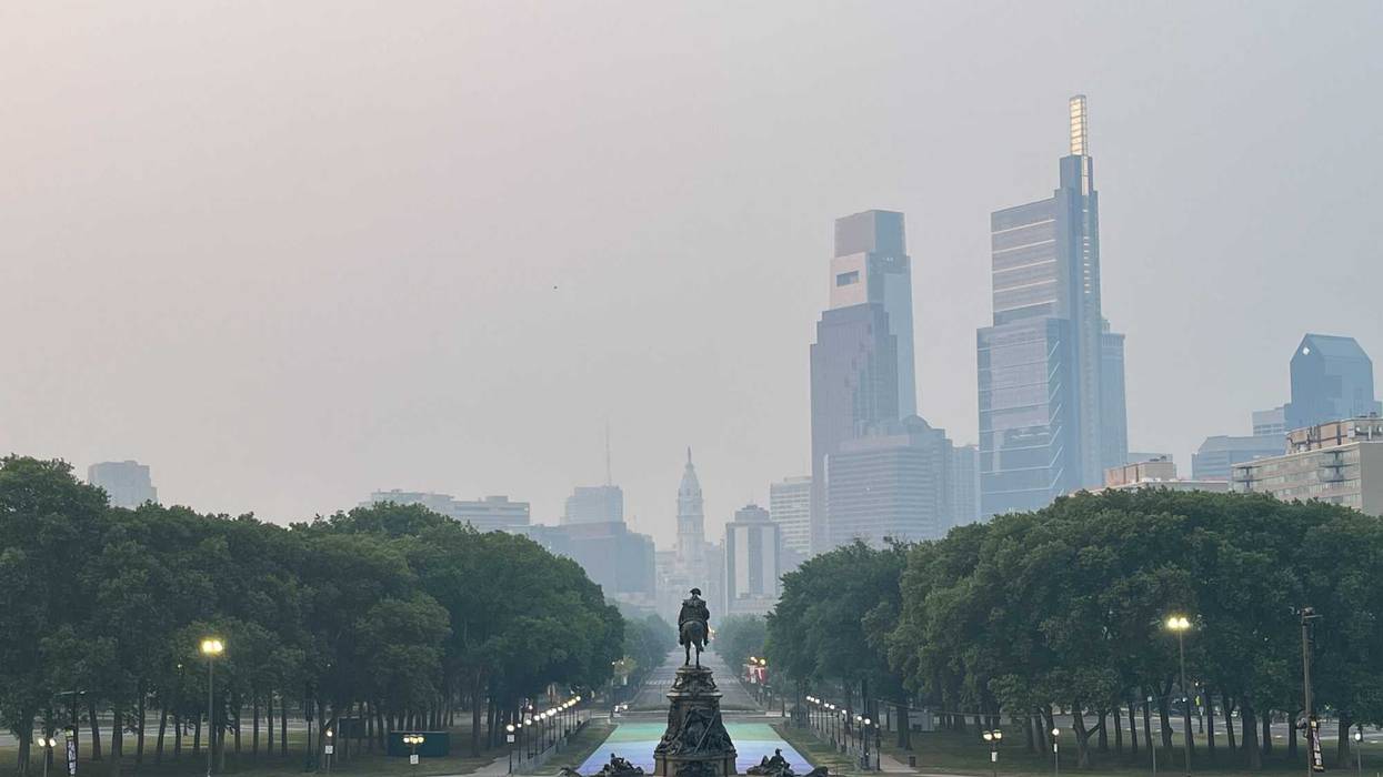 hazy conditions over Philadelphia skyline