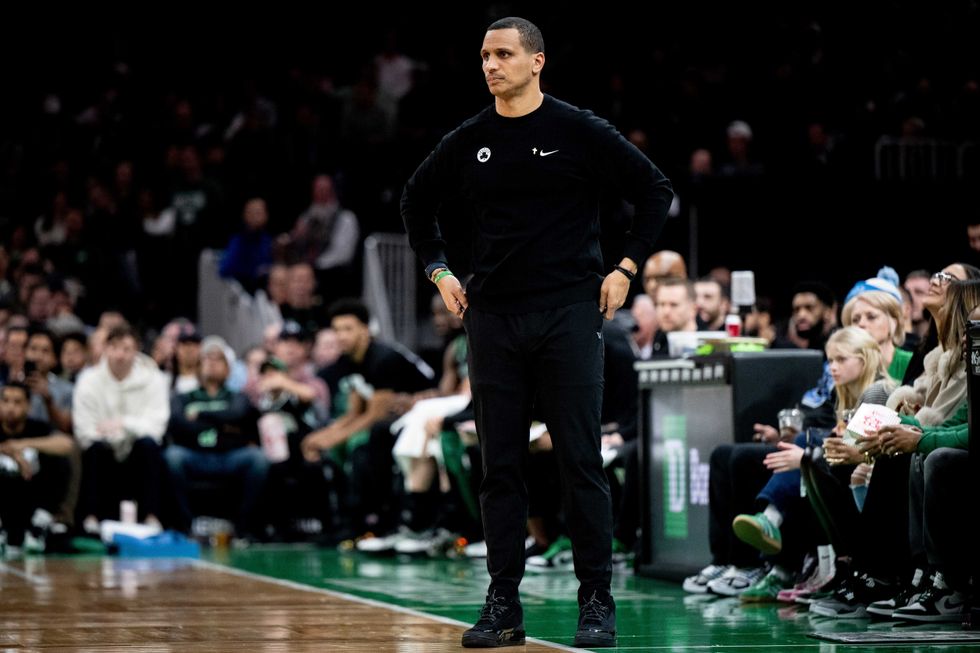 Head Coach Joe Mazzulla of the Boston Celtics looks on during the second half against the Atlanta Hawks at TD Garden on January 18, 2025 in Boston, Massachusetts.