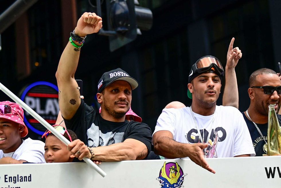 Head coach Joe Mazzulla of the Boston Celtics reacts during the 2024 Boston Celtics championship parade following their 2024 NBA Finals win on June 21, 2024 in Boston, Massachusetts.