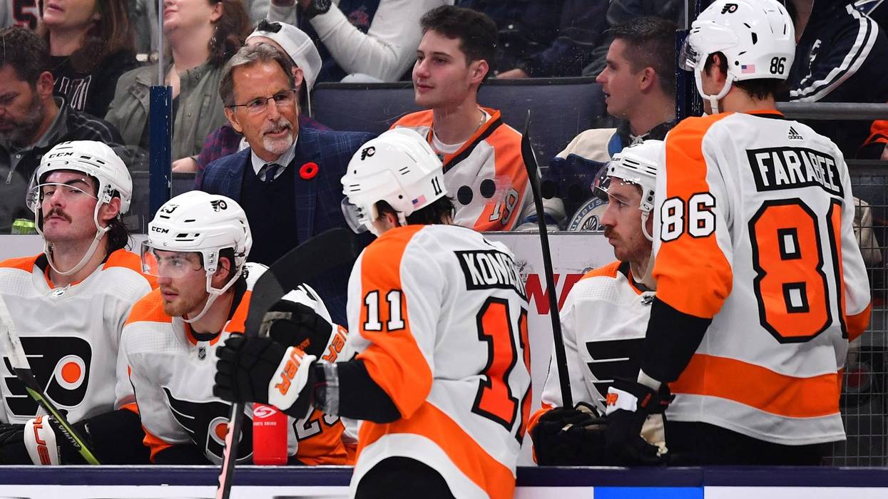 Head Coach John Tortorella of the Philadelphia Flyers talks to his players