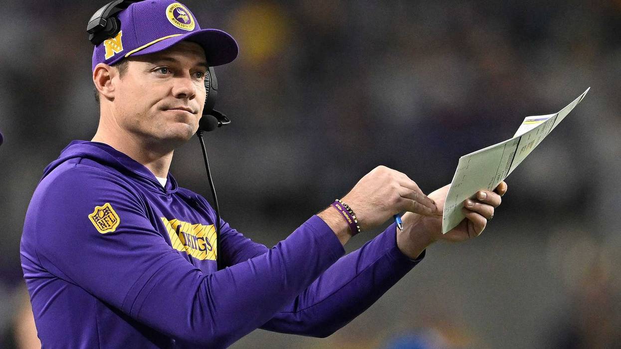 Head coach Kevin O'Connell of the Minnesota Vikings calls a timeout during the second quarter of a game against the Green Bay Packers at U.S. Bank Stadium on December 29, 2024 in Minneapolis, Minnesota.