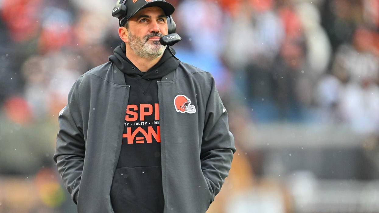 Head coach Kevin Stefanski of the Cleveland Browns looking out against the Tennessee Titans at Huntington Bank Field on December 07, 2025 in Cleveland, Ohio