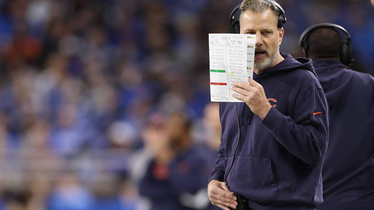Head coach Matt Eberflus of the Chicago Bears looks on during the first quarter against the Detroit Lions at Ford Field on November 28, 2024, in Detroit, Michigan.