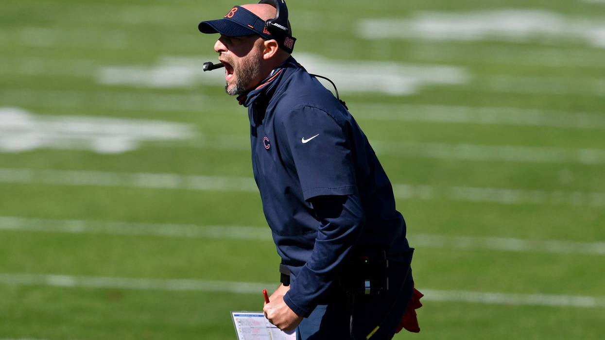Head coach Matt Nagy of the Chicago Bears calls out instructions in the first quarter against the Carolina Panthers at Bank of America Stadium on October 18, 2020 in Charlotte, North Carolina.
