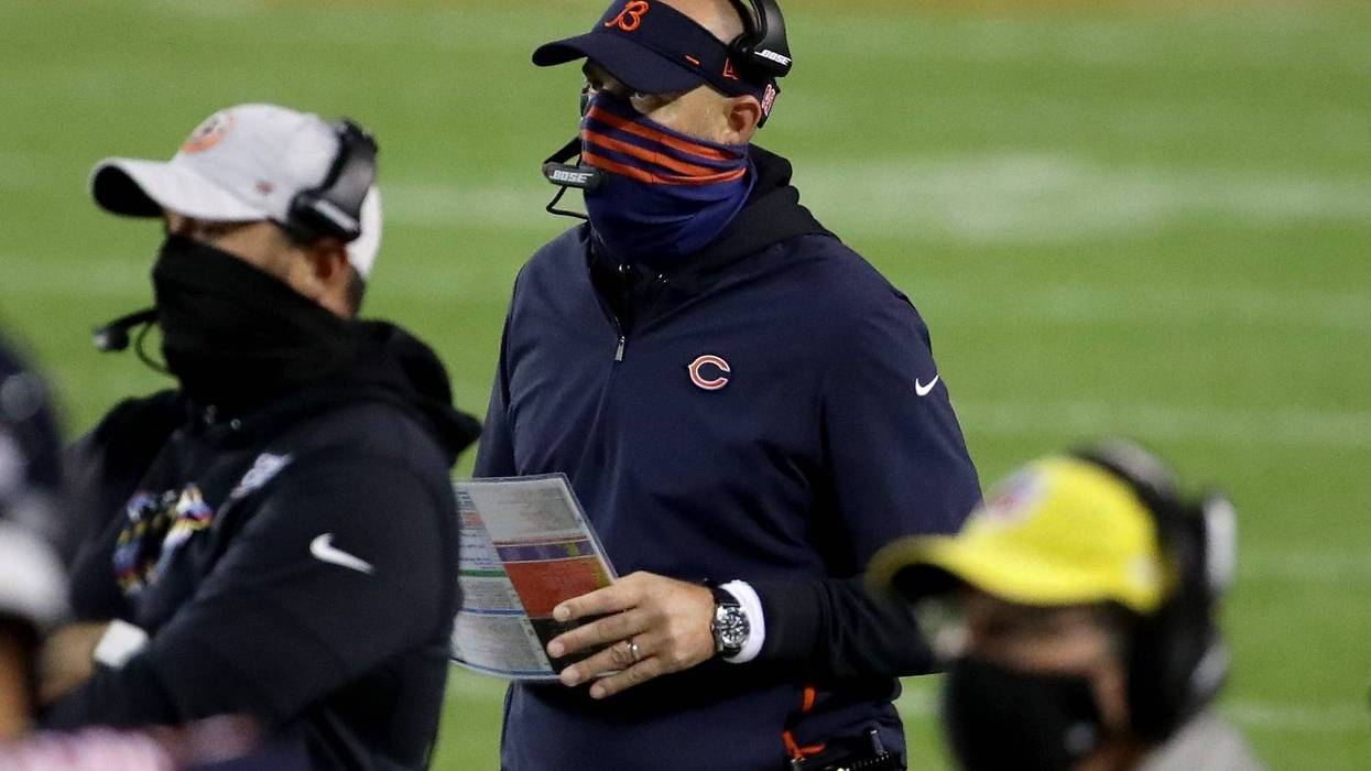 Head coach Matt Nagy of the Chicago Bears looks on in the third quarter against the Tampa Bay Buccaneers at Soldier Field on October 08, 2020 in Chicago, Illinois.