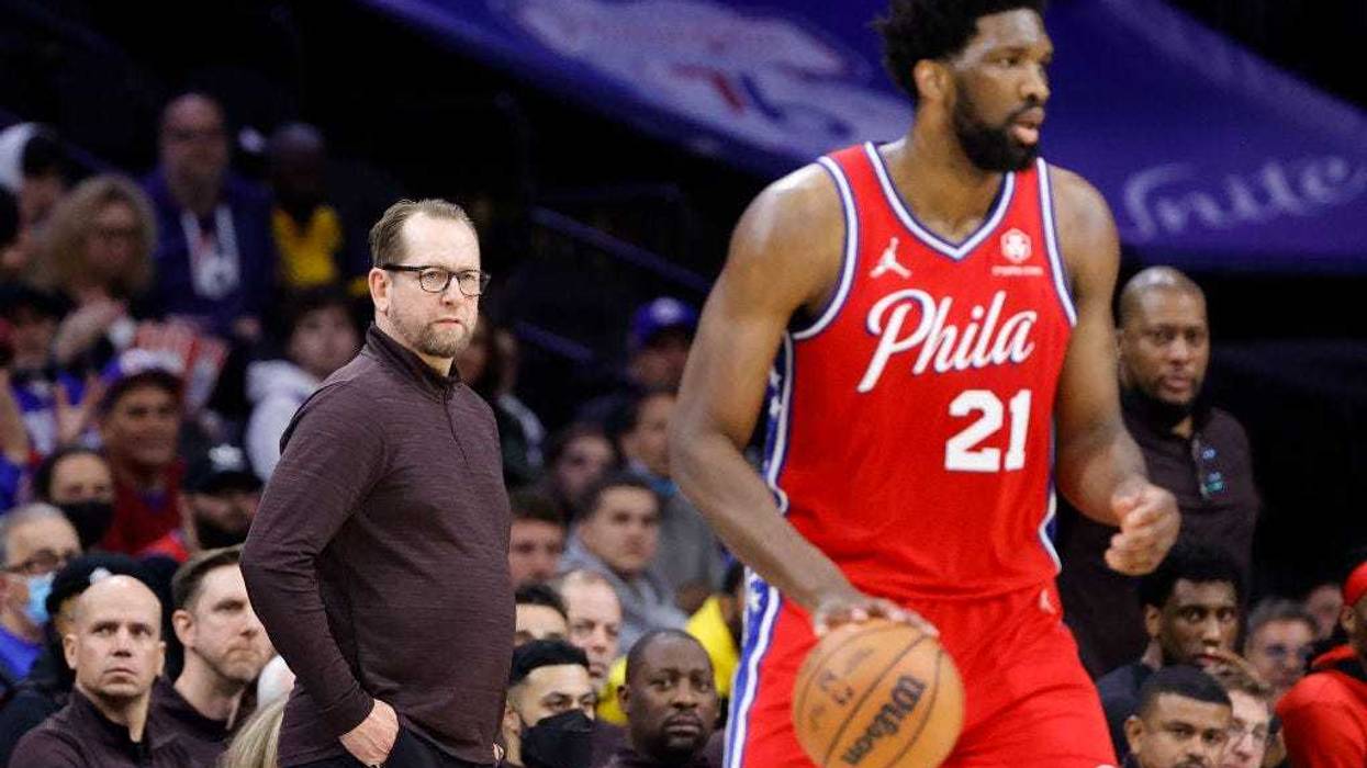 Head coach Nick Nurse of the Toronto Raptors looks on during the fourth quarter against the Philadelphia 76ers during Game 2 of the Eastern Conference First Round at the Wells Fargo Center on April 18, 2022, in Philadelphia, Pennsylvania.