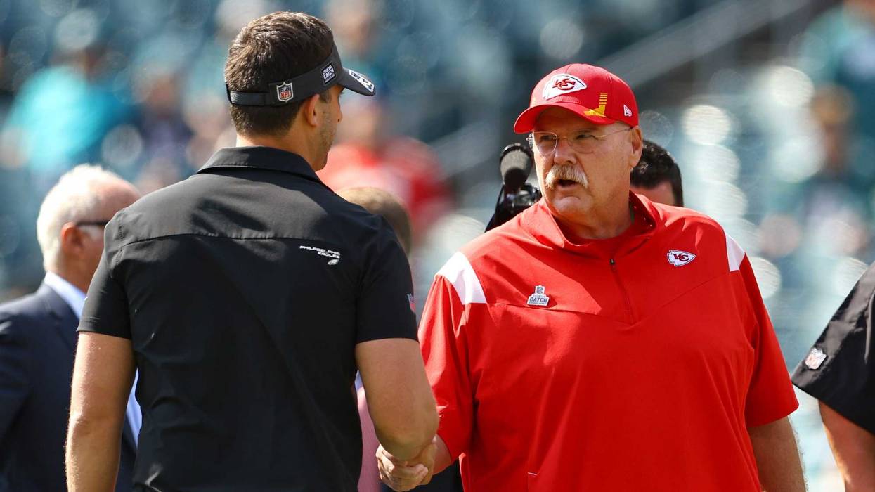 Head coach Nick Sirianni of the Philadelphia Eagles and head coach Andy Reid of the Kansas City Chiefs shake hands during pregame at Lincoln Financial Field on October 3, 2021 in Philadelphia, Pennsylvania.