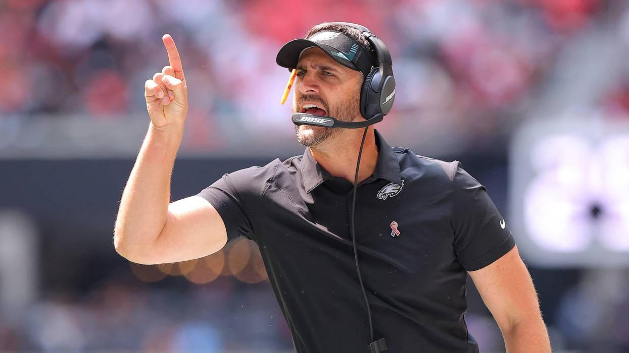 Head coach Nick Sirianni of the Philadelphia Eagles reacts during the game against the Atlanta Falcons at Mercedes-Benz Stadium on September 12, 2021 in Atlanta, Georgia.