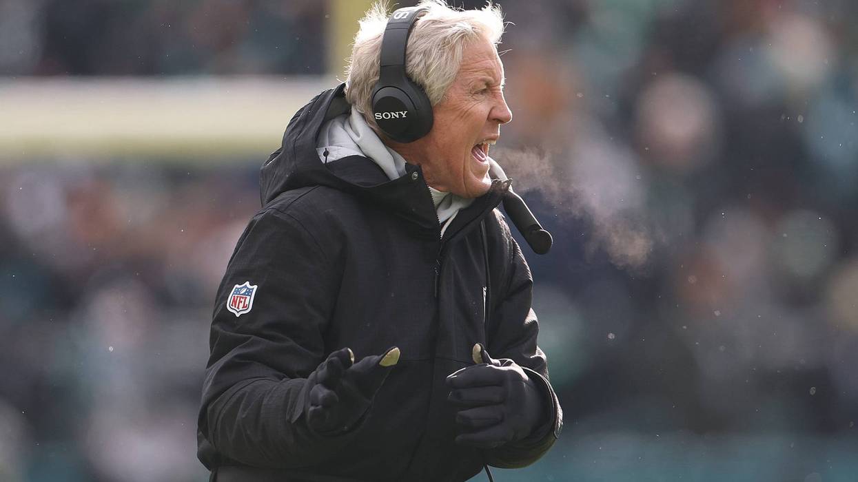 Head coach Pete Carroll of the Las Vegas Raiders reacts during the first quarter against the Philadelphia Eagles at Lincoln Financial Field on December 14, 2025 in Philadelphia, Pennsylvania.
