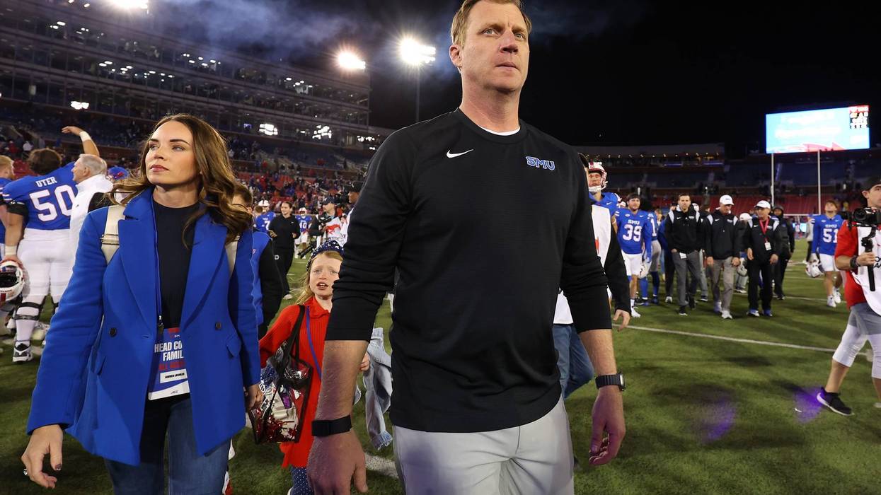 Head coach Rhett Lashlee of the Southern Methodist Mustangs walks off the field after defeating the California Golden Bears at Gerald J. Ford Stadium on Nov. 30, 2024, in Dallas, Texas.