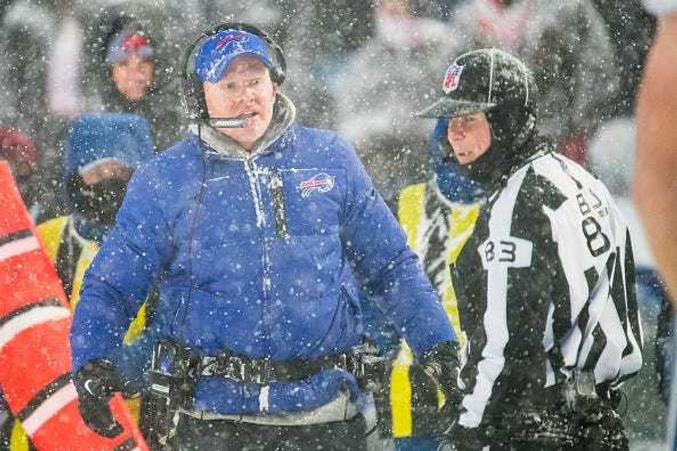 Head coach Sean McDermott of the Buffalo Bills disputes a two point conversion attempt during the fourth quarter by Indianapolis Colts that was then called back due to penalty at New Era Field on December 10, 2017 in Orchard Park, New York.