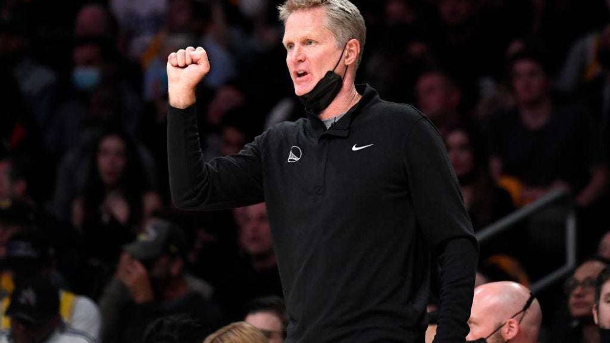 Head coach Steve Kerr of the Golden State Warriors reacts from the sideline during the second half against the Los Angeles Lakers at Staples Center on October 19, 2021 in Los Angeles, California.