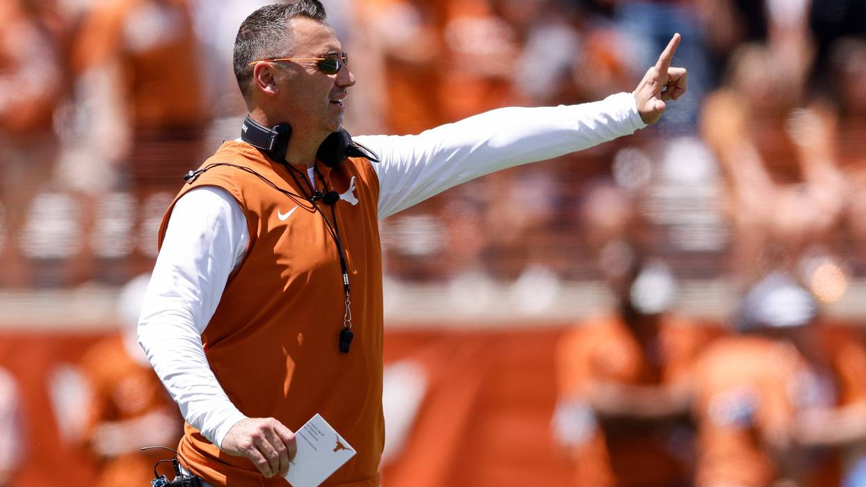 Head coach Steve Sarkisian of the Texas Longhorns reacts during the Texas Football Orange-White Spring Football Game at Darrell K Royal-Texas Memorial Stadium on April 15, 2023, in Austin, Texas.