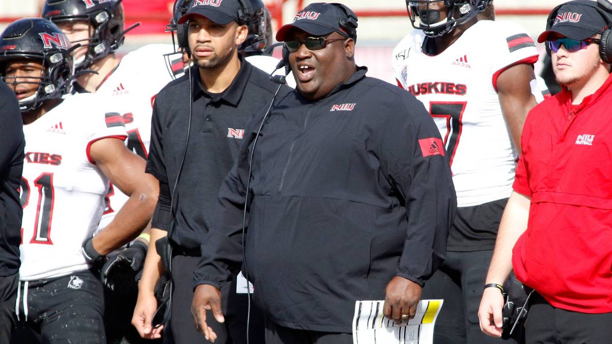 Head coach Thomas Hammock of the Northern Illinois Huskies on the sidelines in the game against the Miami of Ohio Redhawks during the second quarter at Yager Stadium on October 19, 2019 in Oxford, Ohio.