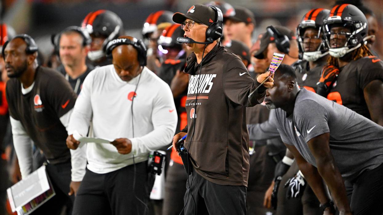 Head coach Todd Monken of the Cleveland Browns reacts against the Pittsburgh Steelers during the second quarter of the game at Huntington Bank Field