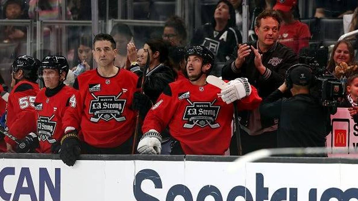 Head coaches Cobie Smulders and Vince Vaughn of Team Red celebrate after a goal against Team Black during the Skate For LA Strong event at Crypto.com Arena on February 23, 2025 in Los Angeles, California.