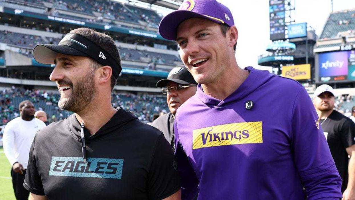 Head coaches Nick Sirianni of the Philadelphia Eagles and Kevin O'Connell of the Minnesota Vikings react following a game at Lincoln Financial Field on August 24, 2024 in Philadelphia, Pennsylvania.