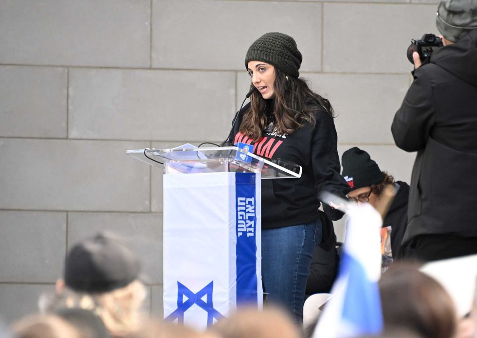 Head of Hostages and Missing Families Forum New York Dana Cwaigrach speaks during a March 10, 2024, rally in Central Park marking 150 days since hostages were taken in Hamas