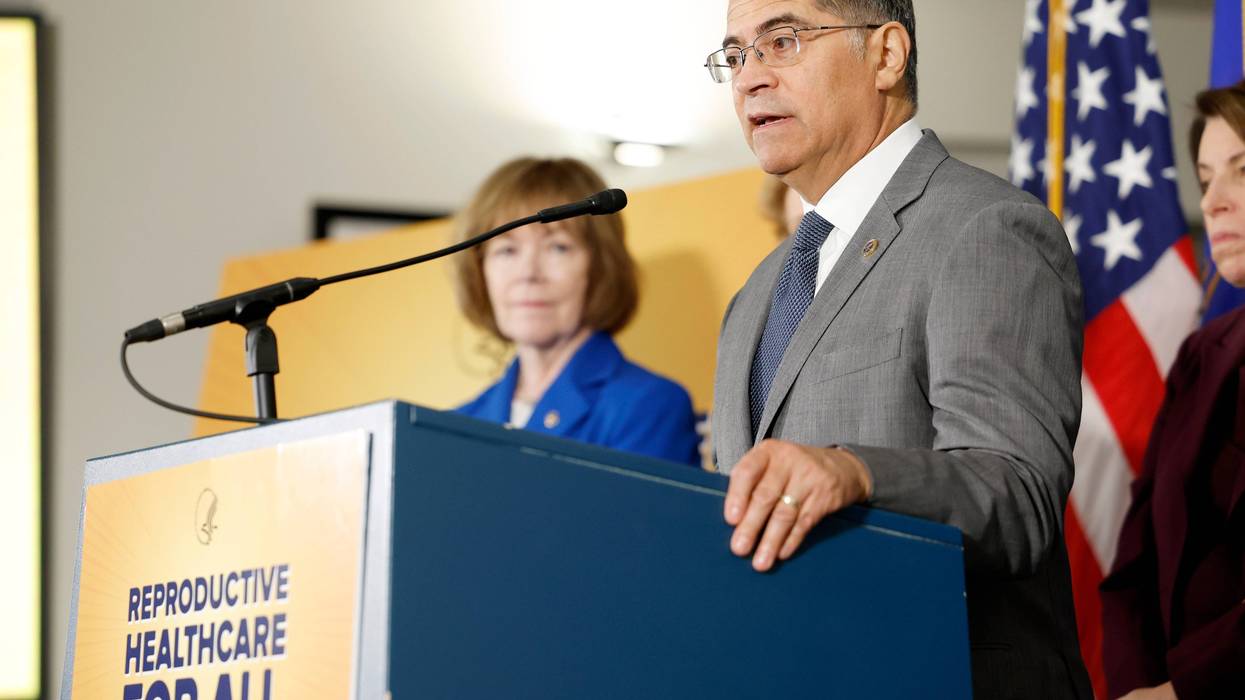 Health and Human Services Secretary Xavier Becerra gives remarks on reproductive care alongside Senate Democrats at the U.S. Department of Health and Human Services building on June 18, 2024 in Washington, DC.