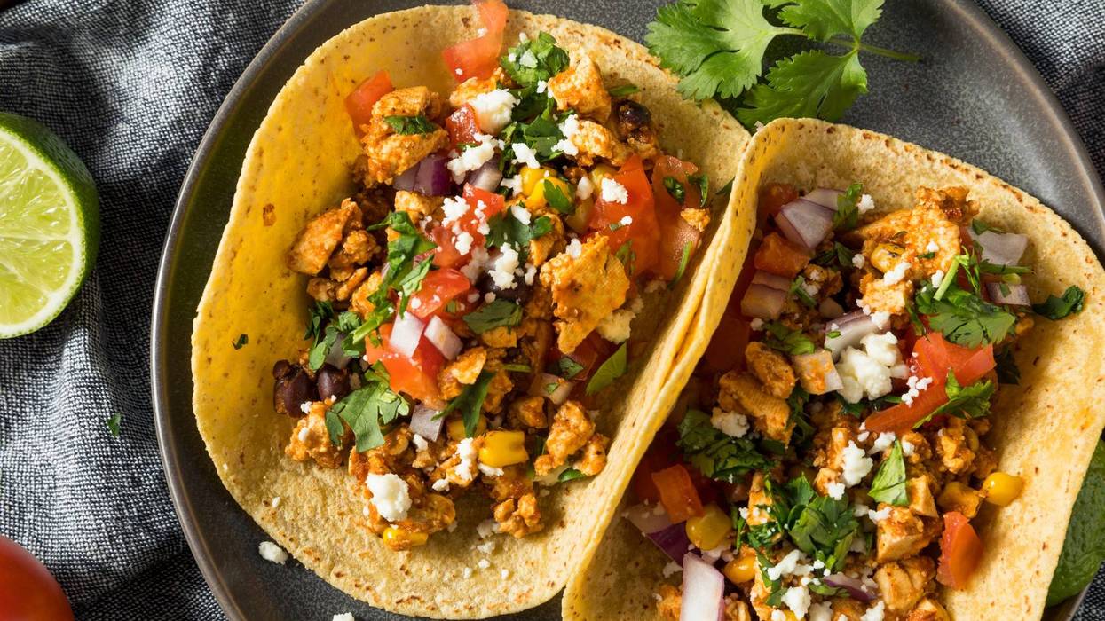 Healthy Homemade Sofritas Tofu Tacos with Tomato Onion and Cilantro