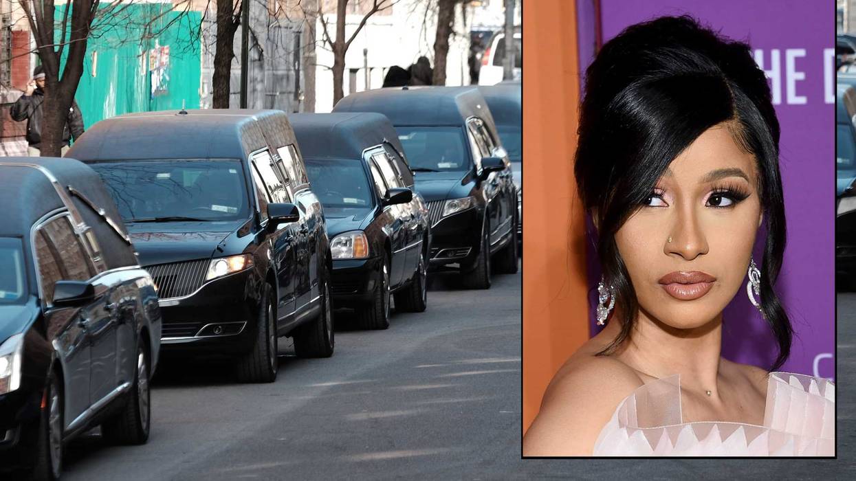 Hearses depart the Islamic Cultural Center following a mass funeral for 15 of the 17 victims of a fire in a Bronx apartment building on Jan. 16, 2022. Inset: Cardi B