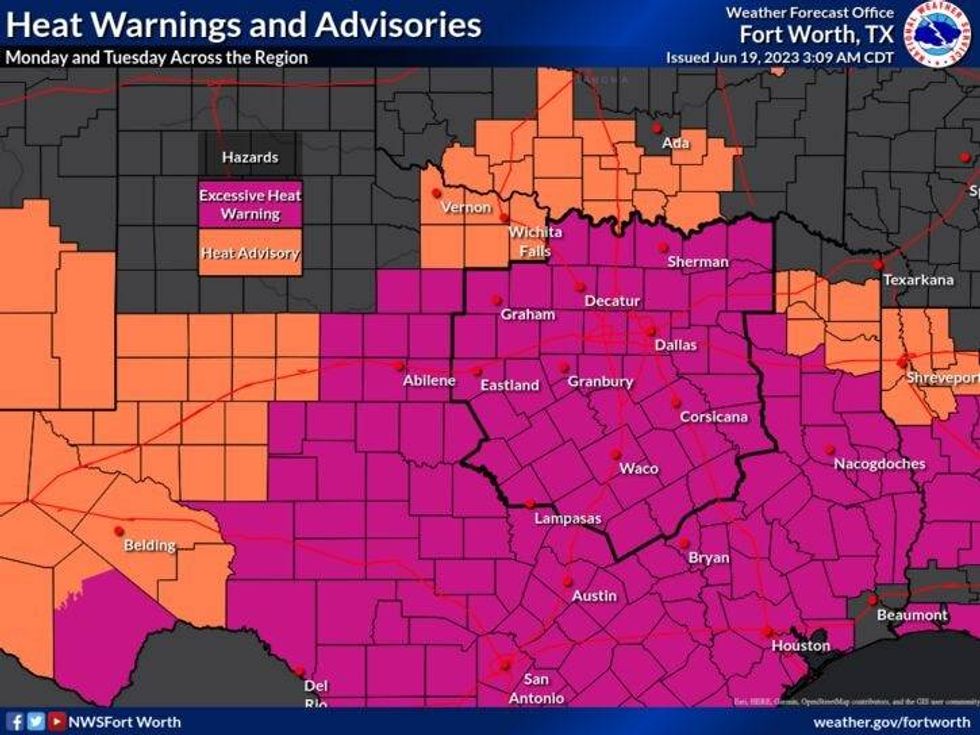 Heat Advisories and Warnings for Monday and Tuesday.