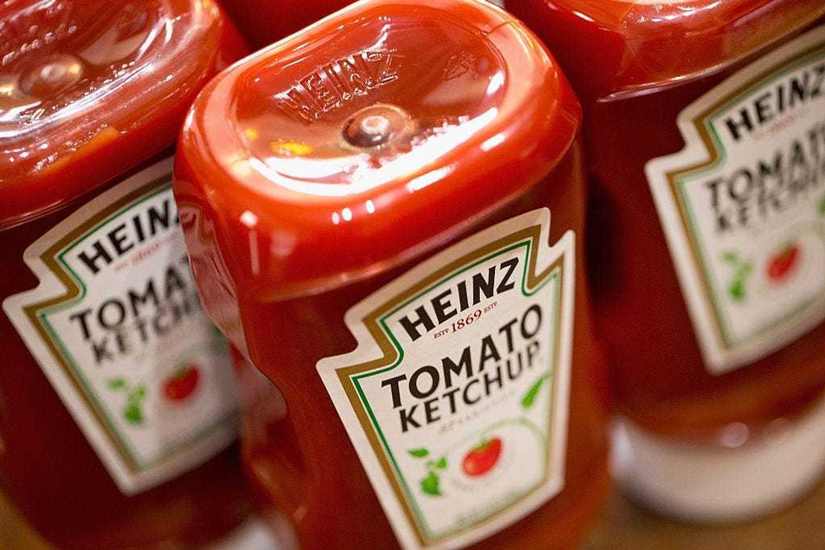 Heinz Tomato Ketchup is shown on March 25, 2015 in Chicago, Illinois. Kraft Foods Group Inc. said it will merge with H.J. Heinz Co. to form the third largest food and beverage company in North America with revenue of about $28 billion.
