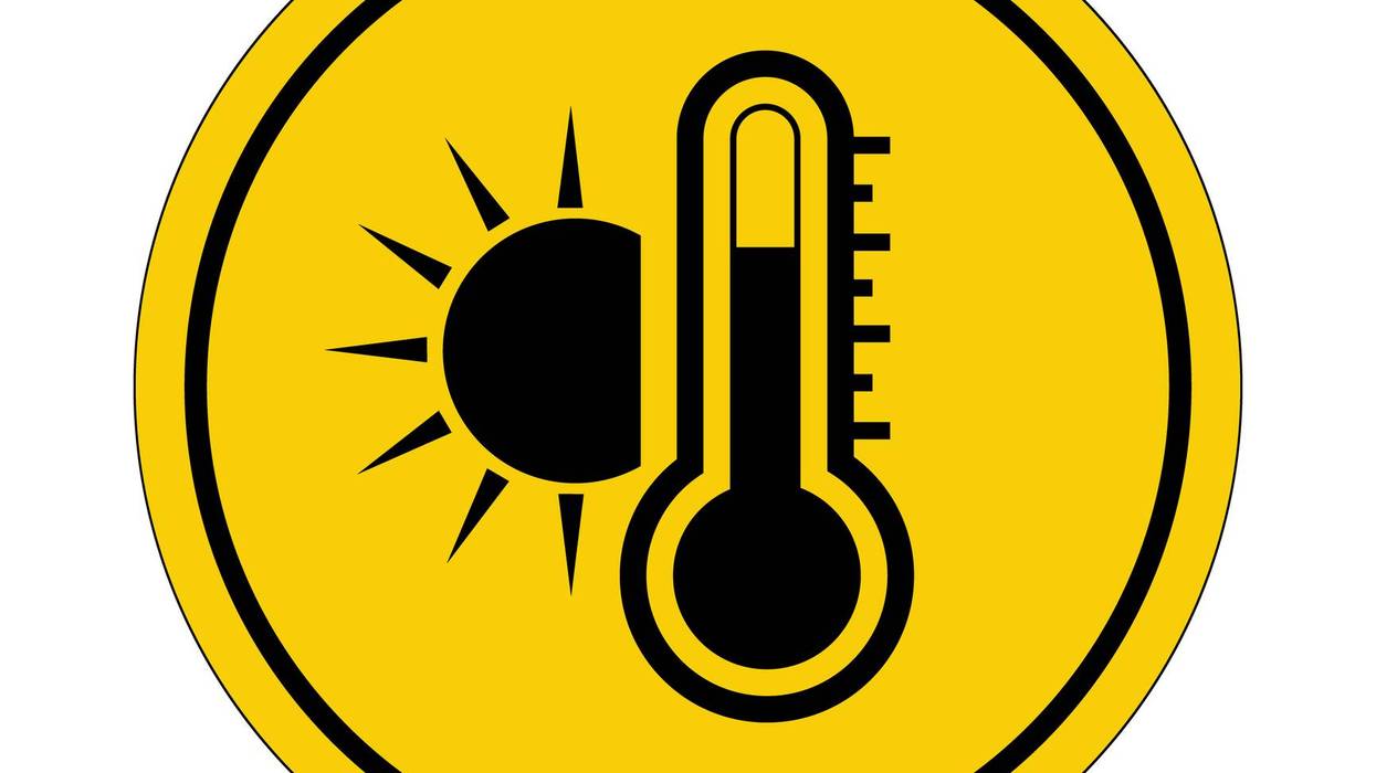 High temperature. Very hot and scalding. Heat. Yellow circle sticker. Warning icon. Sign yellow. Circle label.