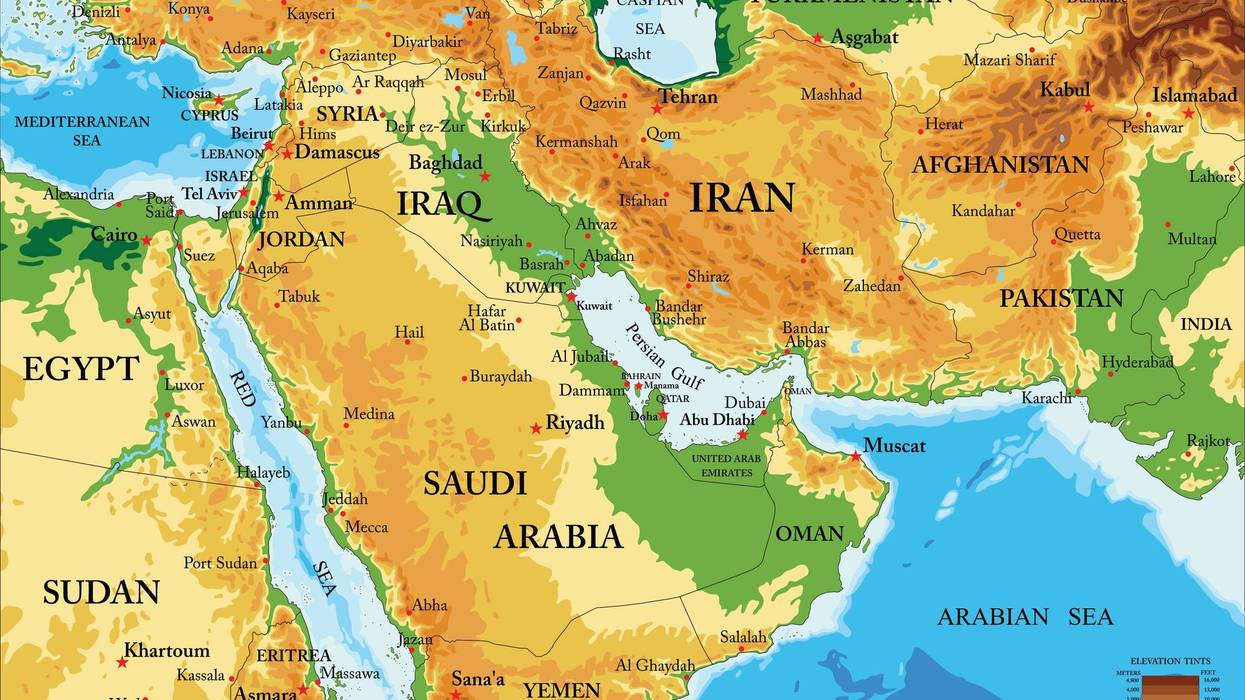 Highly detailed physical map of Middle East